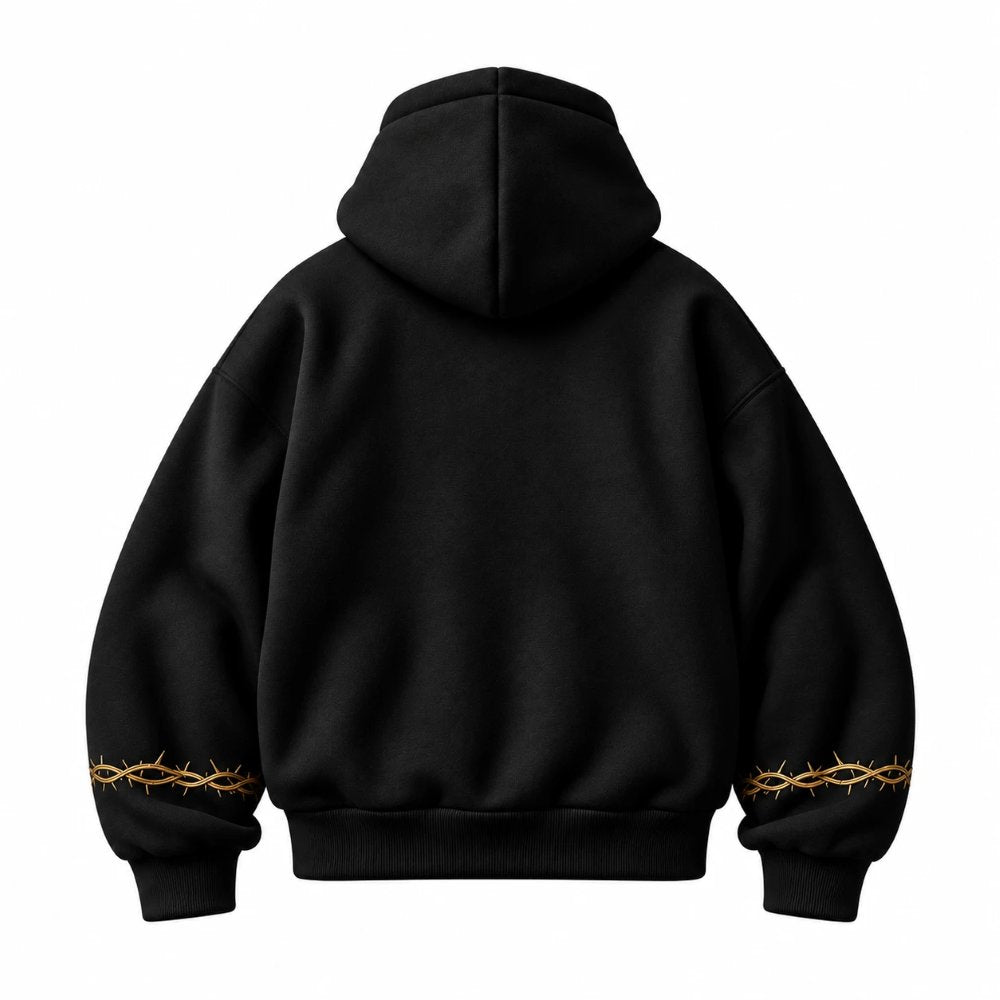 TrinityZip hoodie in Noir, back, with gold thorn embroidery on both sleeves