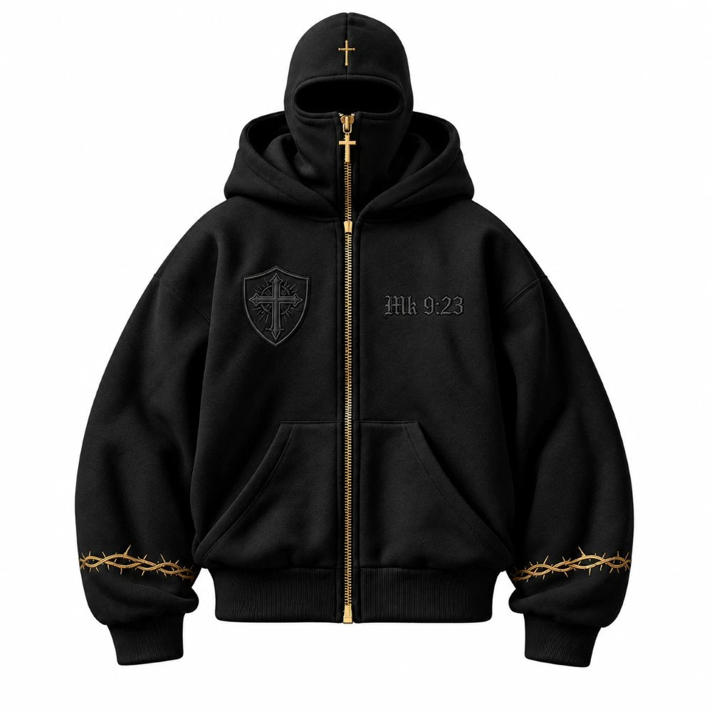 TrinityZip hoodie in Noir, front, zipped over the hood into a face mask